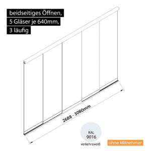 Glasschiebewand 3 läufig 5 Gläser je 640mm beidseitig öffenbar in verkehrsweiß RAL 9016