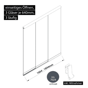 Glasschiebewand 3 läufig 3 Gläser je 640mm mit Mitnehmern für die Gläser einseitig öffenbar in anthrazit/graphitgrau RAL 7024