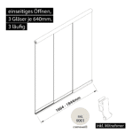 Glasschiebewand 3 läufig 3 Gläser je 640mm mit Mitnehmern für die Gläser einseitig öffenbar in cremeweiß RAL 9001