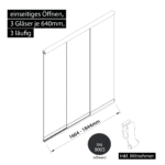 Glasschiebewand 3 läufig 3 Gläser je 640mm mit Mitnehmern für die Gläser einseitig öffenbar in schwarz RAL 9005