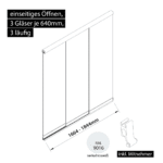 Glasschiebewand 3 läufig 3 Gläser je 640mm mit Mitnehmern für die Gläser einseitig öffenbar in verkehrsweiß RAL 9016