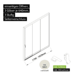 Glasschiebewand versperrbar 3 läufig 3 Gläser je 640mm mit Mitnehmern für die Gläser und Schloss einseitig öffenbar in cremeweiß RAL 9001