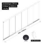 Glasschiebewand 3 läufig 6 Gläser je 820mm mit Mitnehmern für die Gläser beidseitig öffenbar in schwarz RAL 9005