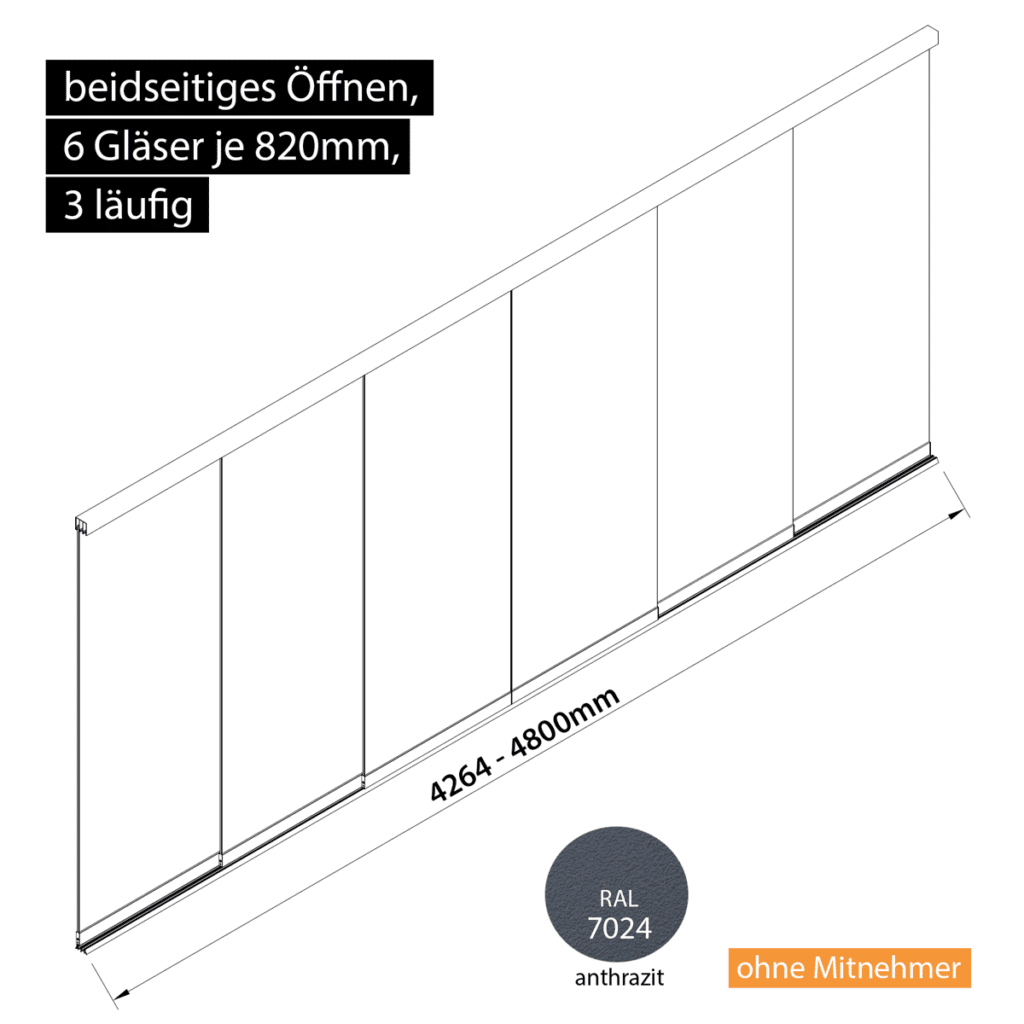 Glasschiebewand 3 läufig 6 Gläser je 820mm beidseitig öffenbar in anthrazit/graphitgrau RAL 7024