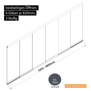 Glasschiebewand 3 läufig 6 Gläser je 820mm beidseitig öffenbar in anthrazit/graphitgrau RAL 7024