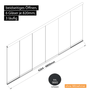 Glasschiebewand 3 läufig 6 Gläser je 820mm beidseitig öffenbar in schwarz RAL 9005