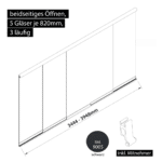 Glasschiebewand 3 läufig 5 Gläser je 820mm mit Mitnehmern für die Gläser beidseitig öffenbar in schwarz RAL 9005