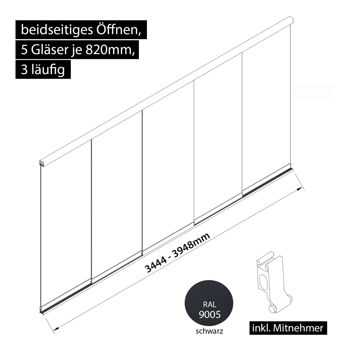 Glasschiebewand 3 läufig 5 Gläser je 820mm mit Mitnehmern für die Gläser beidseitig öffenbar in schwarz RAL 9005