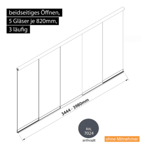 Glasschiebewand 3 läufig 5 Gläser je 820mm beidseitig öffenbar in anthrazit/graphitgrau RAL 7024