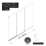 Glasschiebewand 3 läufig 3 Gläser je 820mm mit Mitnehmern für die Gläser einseitig öffenbar in anthrazit/graphitgrau RAL 7024