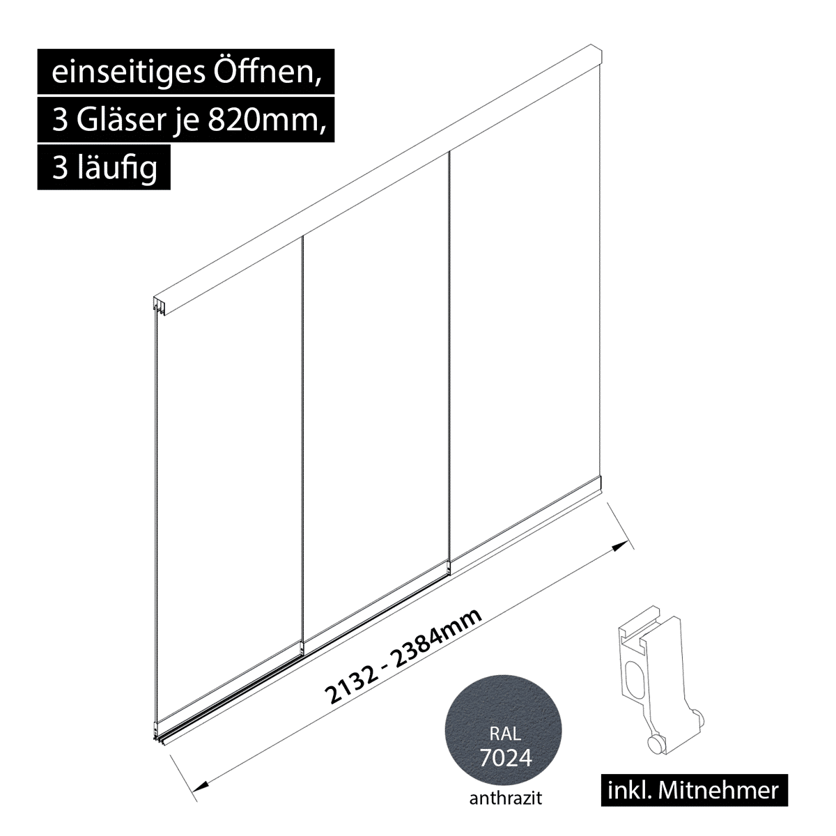 Glasschiebewand 3 läufig 3 Gläser je 820mm mit Mitnehmern für die Gläser einseitig öffenbar in anthrazit/graphitgrau RAL 7024