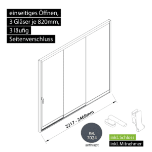 Glasschiebewand versperrbar 3 läufig 3 Gläser je 820mm mit Mitnehmern für die Gläser und Schloss einseitig öffenbar in anthrazit/graphitgrau RAL 7024