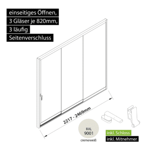 Glasschiebewand versperrbar 3 läufig 3 Gläser je 820mm mit Mitnehmern für die Gläser und Schloss einseitig öffenbar in cremeweiß RAL 9001