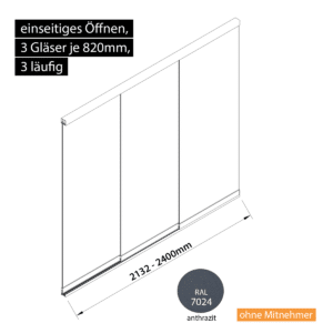 Glasschiebewand 3 läufig 3 Gläser je 820mm einseitig öffenbar in anthrazit/graphitgrau RAL 7024