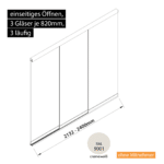 Glasschiebewand 3 läufig 3 Gläser je 820mm einseitig öffenbar in cremeweiß RAL 9001