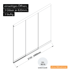 Glasschiebewand 3 läufig 3 Gläser je 820mm einseitig öffenbar in verkehrsweiß RAL 9016