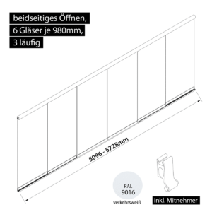 Glasschiebewand 3 läufig 6 Gläser je 980mm mit Mitnehmern für die Gläser beidseitig öffenbar in verkehrsweiß RAL 9016