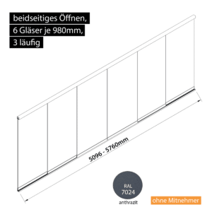 Glasschiebewand 3 läufig 6 Gläser je 980mm beidseitig öffenbar in anthrazit/graphitgrau RAL 7024