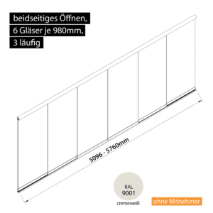 Glasschiebewand 3 läufig 6 Gläser je 980mm beidseitig öffenbar in cremeweiß RAL 9001