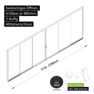 Glasschiebewand versperrbar 3 läufig 6 Gläser je 980mm mit Mitnehmern für die Gläser und Schloss beidseitig öffenbar in schwarz RAL 9005