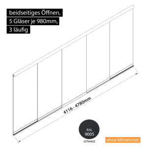 Glasschiebewand 3 läufig 5 Gläser je 980mm beidseitig öffenbar in schwarz RAL 9005