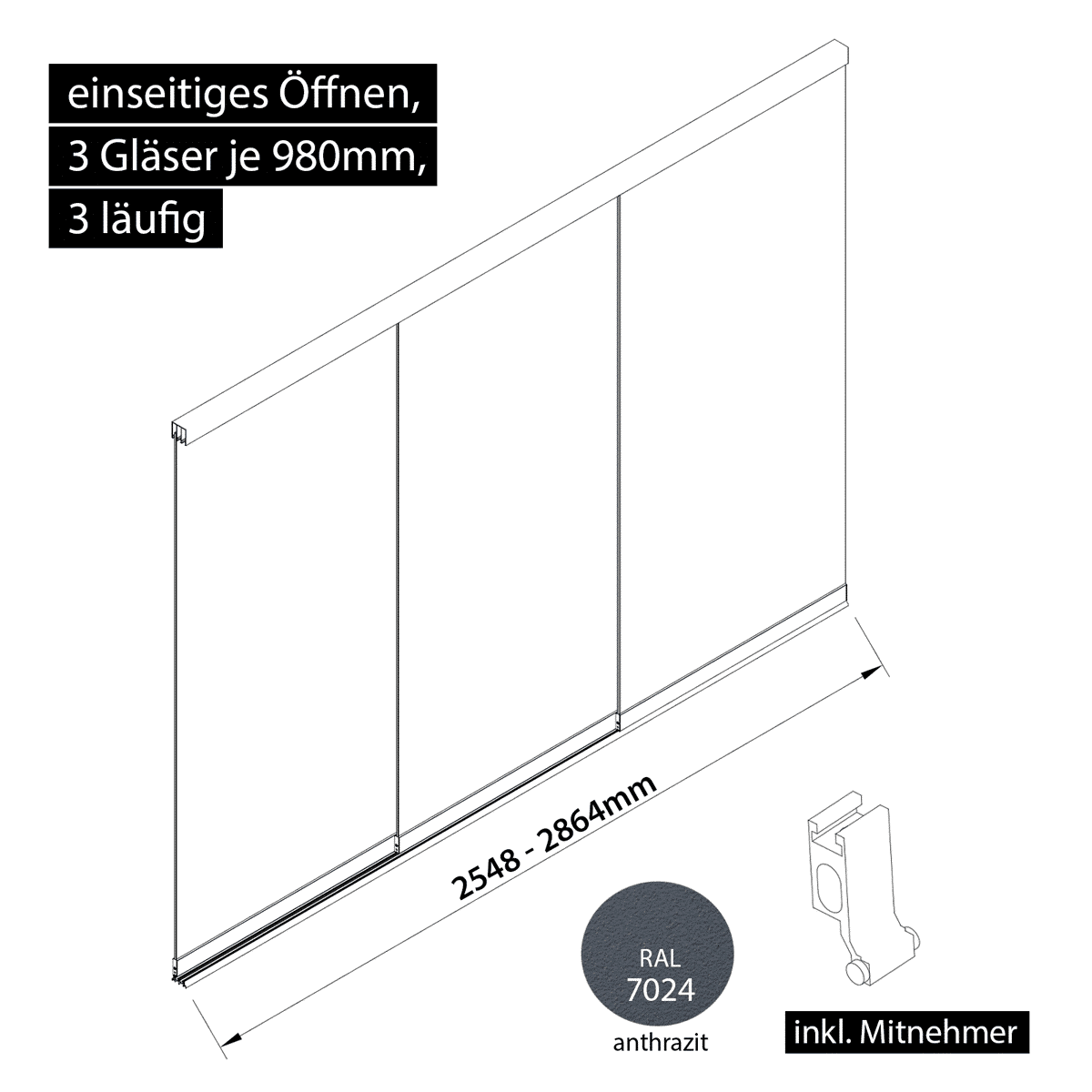 Glasschiebewand 3 läufig 3 Gläser je 980mm mit Mitnehmern für die Gläser einseitig öffenbar in anthrazit/graphitgrau RAL 7024