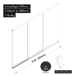 Glasschiebewand 3 läufig 3 Gläser je 980mm mit Mitnehmern für die Gläser einseitig öffenbar in schwarz RAL 9005