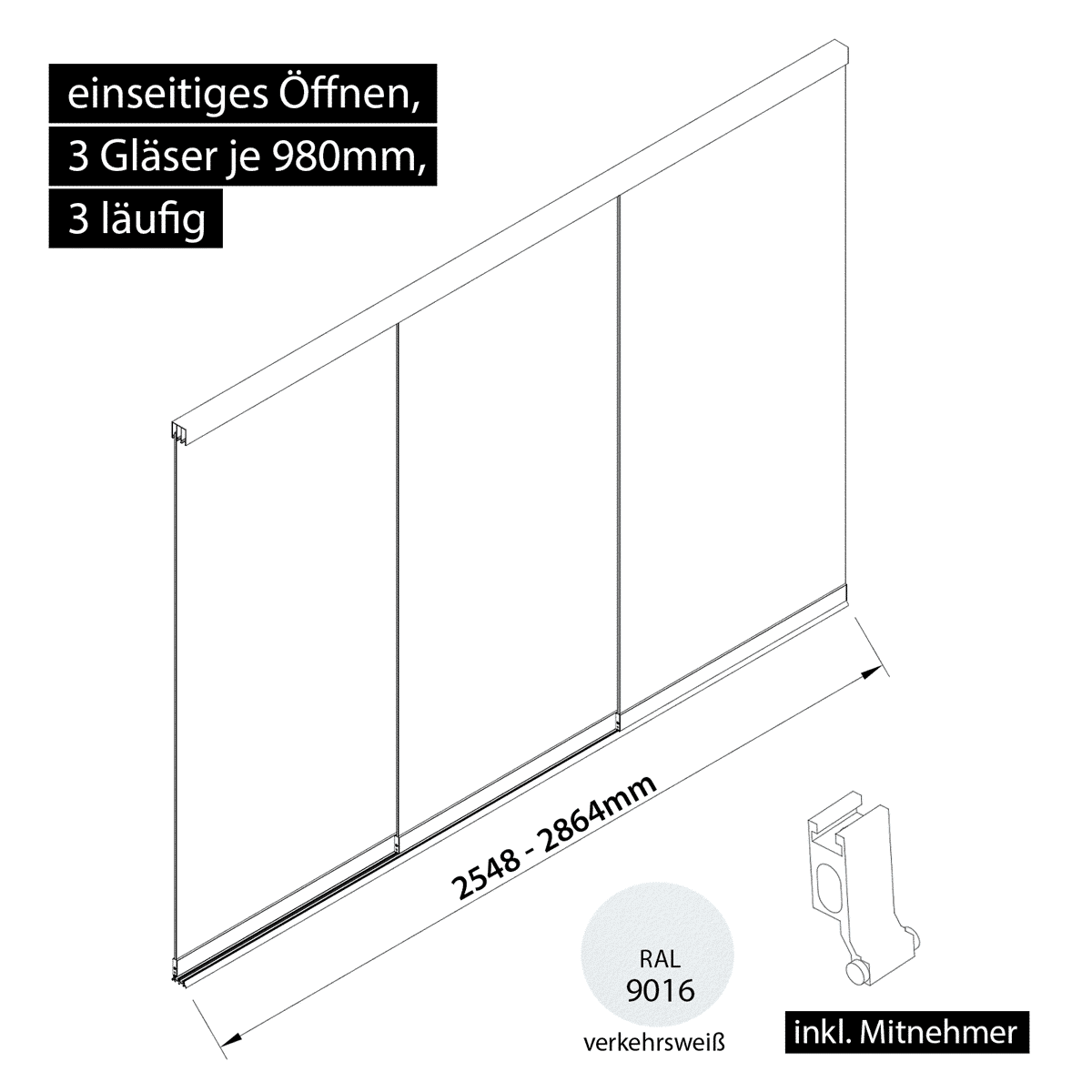 Glasschiebewand 3 läufig 3 Gläser je 980mm mit Mitnehmern für die Gläser einseitig öffenbar in verkehrsweiß RAL 9016