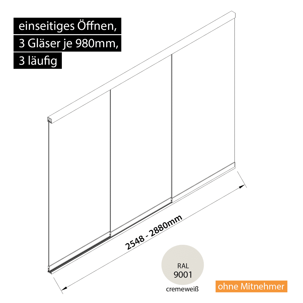 Glasschiebewand 3 läufig 3 Gläser je 980mm einseitig öffenbar in cremeweiß RAL 9001