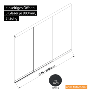 Glasschiebewand 3 läufig 3 Gläser je 980mm einseitig öffenbar in schwarz RAL 9005