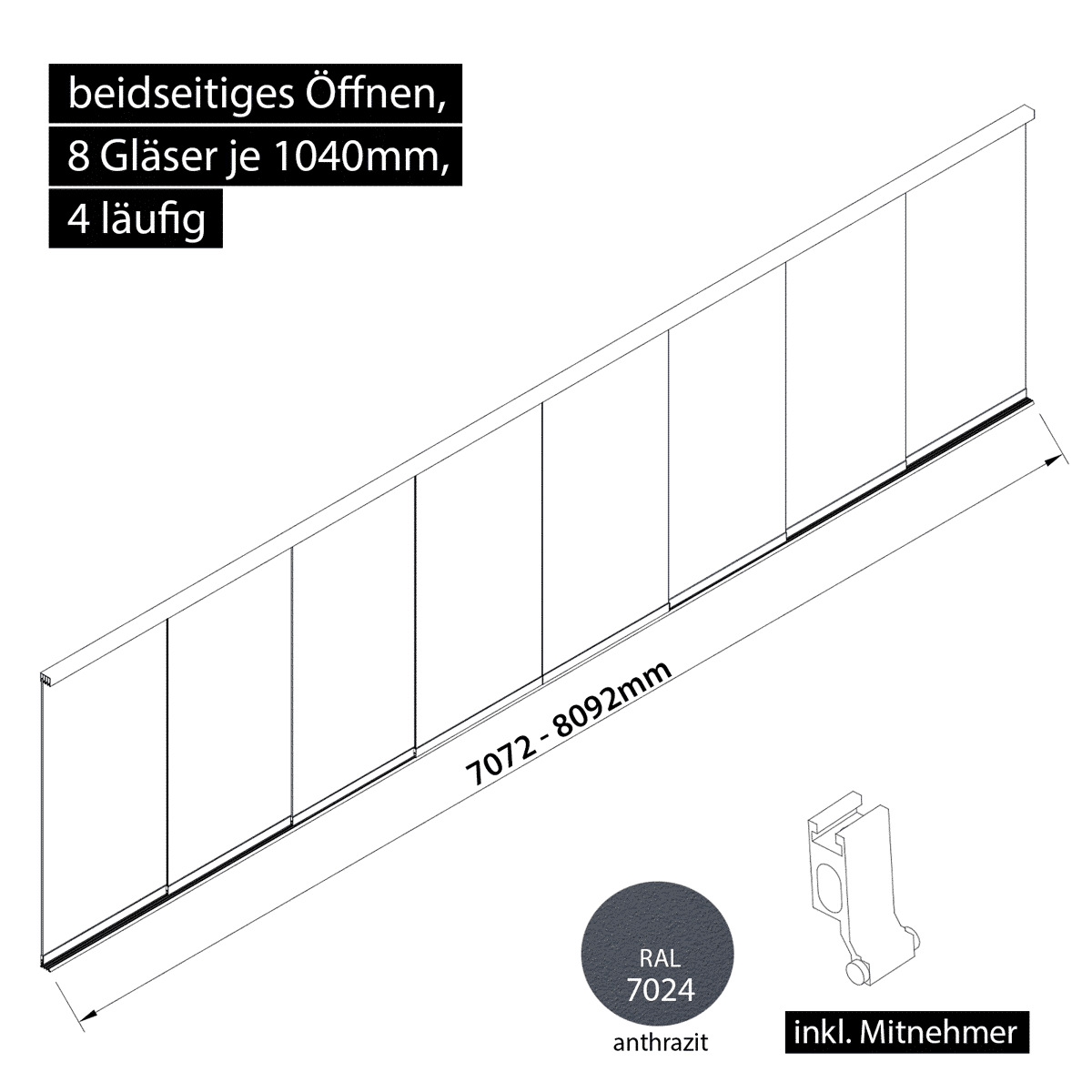 Glasschiebewand 4 läufig 8 Gläser je 1040mm mit Mitnehmern für die Gläser beidseitig öffenbar in anthrazit/graphitgrau RAL 7024