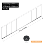 Glasschiebewand 4 läufig 8 Gläser je 1040mm beidseitig öffenbar in schwarz RAL 9005