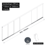 Glasschiebewand 4 läufig 7 Gläser je 1040mm mit Mitnehmern für die Gläser beidseitig öffenbar in anthrazit/graphitgrau RAL 7024