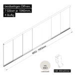 Glasschiebewand 4 läufig 7 Gläser je 1040mm mit Mitnehmern für die Gläser beidseitig öffenbar in cremeweiß RAL 9001