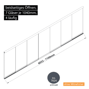 Glasschiebewand 4 läufig 7 Gläser je 1040mm beidseitig öffenbar in anthrazit/graphitgrau RAL 7024