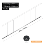 Glasschiebewand 4 läufig 7 Gläser je 1040mm beidseitig öffenbar in schwarz RAL 9005