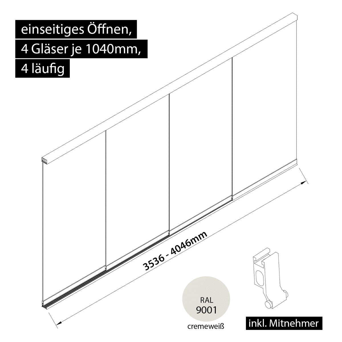 Glasschiebewand 4 läufig 4 Gläser je 1040mm mit Mitnehmern für die Gläser einseitig öffenbar in cremeweiß RAL 9001