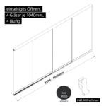 Glasschiebewand 4 läufig 4 Gläser je 1040mm mit Mitnehmern für die Gläser einseitig öffenbar in schwarz RAL 9005