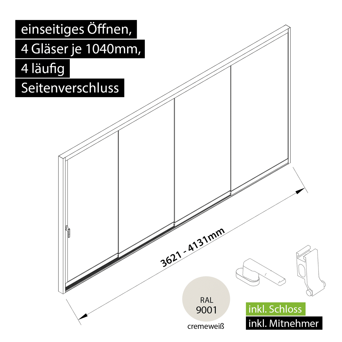 Glasschiebewand versperrbar 4 läufig 4 Gläser je 1040mm mit Mitnehmern für die Gläser und Schloss einseitig öffenbar in cremeweiß RAL 9001