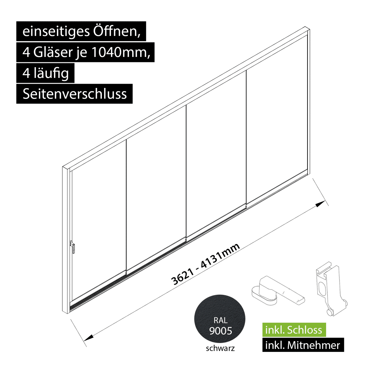 Glasschiebewand versperrbar 4 läufig 4 Gläser je 1040mm mit Mitnehmern für die Gläser und Schloss einseitig öffenbar in schwarz RAL 9005