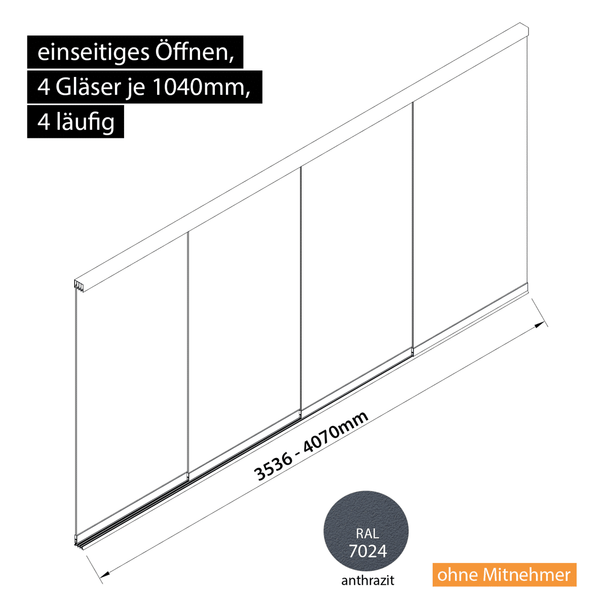 Glasschiebewand 4 läufig 4 Gläser je 1040mm einseitig öffenbar in anthrazit/graphitgrau RAL 7024