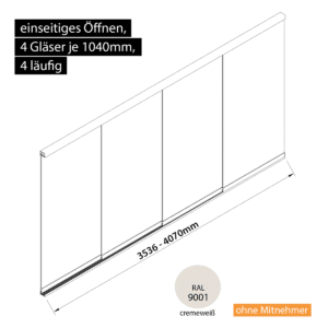 Glasschiebewand 4 läufig 4 Gläser je 1040mm einseitig öffenbar in cremeweiß RAL 9001