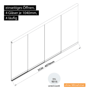 Glasschiebewand 4 läufig 4 Gläser je 1040mm einseitig öffenbar in verkehrsweiß RAL 9016