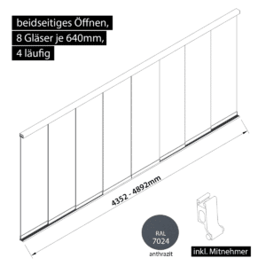 Glasschiebewand 4 läufig 8 Gläser je 640mm mit Mitnehmern für die Gläser beidseitig öffenbar in anthrazit/graphitgrau RAL 7024