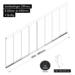 Glasschiebewand 4 läufig 8 Gläser je 640mm mit Mitnehmern für die Gläser beidseitig öffenbar in schwarz RAL 9005