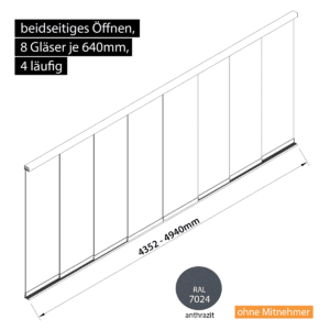 Glasschiebewand 4 läufig 8 Gläser je 640mm beidseitig öffenbar in anthrazit/graphitgrau RAL 7024