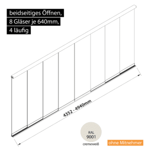 Glasschiebewand 4 läufig 8 Gläser je 640mm beidseitig öffenbar in cremeweiß RAL 9001