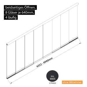 Glasschiebewand 4 läufig 8 Gläser je 640mm beidseitig öffenbar in schwarz RAL 9005