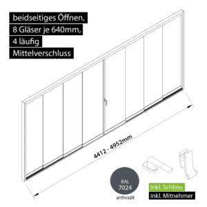 Glasschiebewand versperrbar 4 läufig 8 Gläser je 640mm mit Mitnehmern für die Gläser und Schloss beidseitig öffenbar in anthrazit/graphitgrau RAL 7024