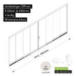 Glasschiebewand versperrbar 4 läufig 8 Gläser je 640mm mit Mitnehmern für die Gläser und Schloss beidseitig öffenbar in cremeweiß RAL 9001